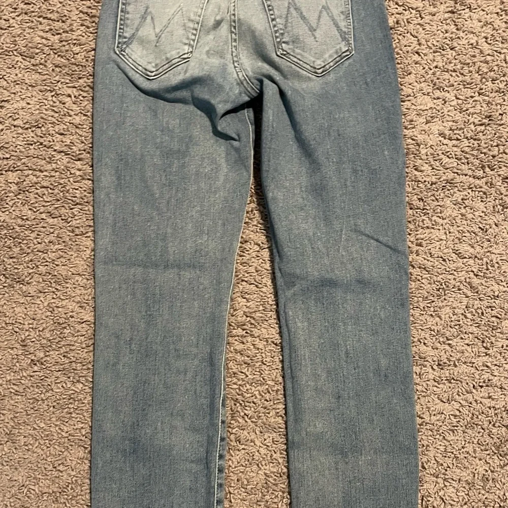 MOTHER Straight Leg Maternity Jeans in Light Wash Blue with Tan Waistband - Picture 2 of 4